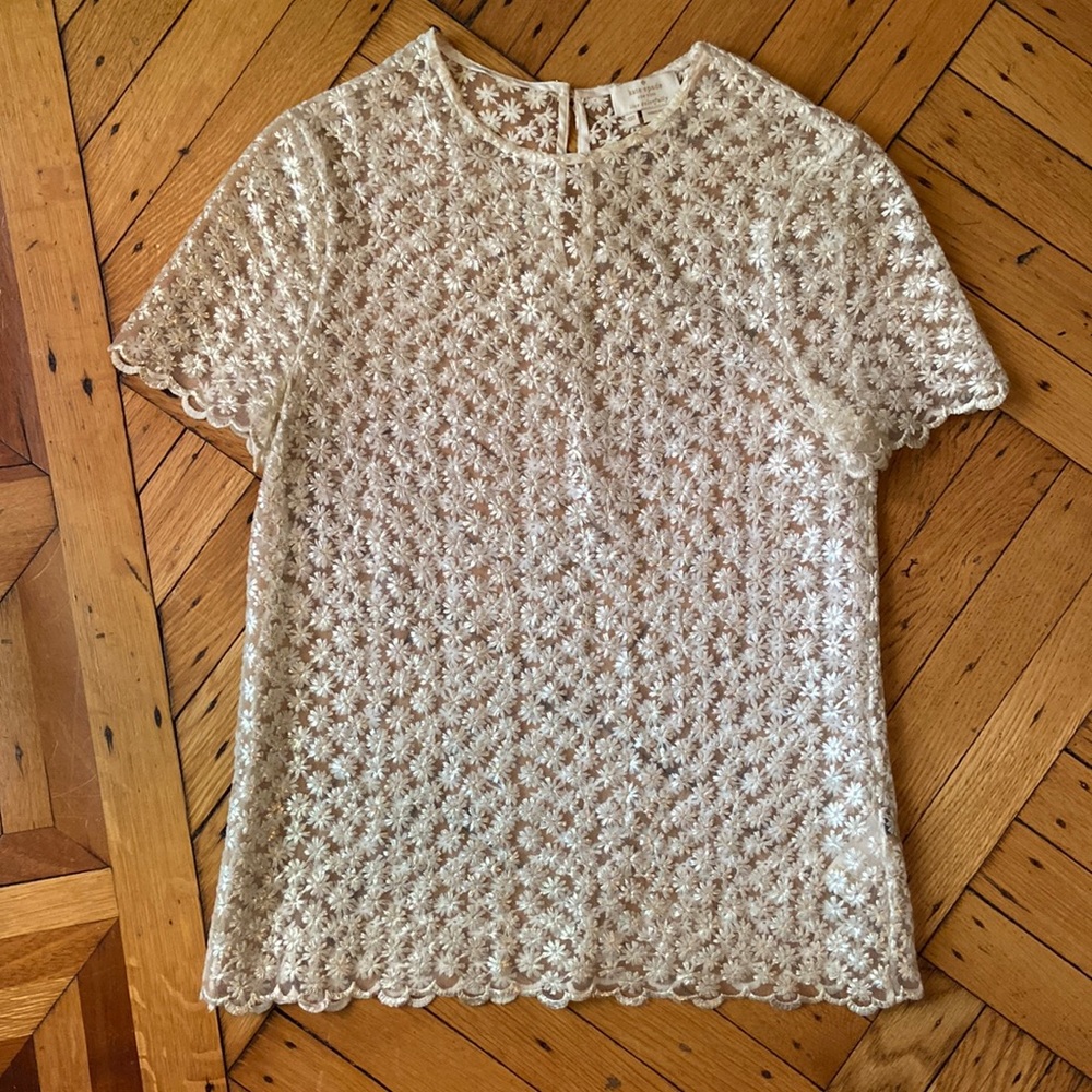 Kate spade see through shimmery embroidered floral top with scalloped edges.